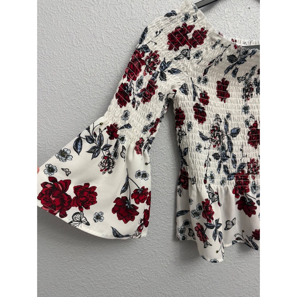Candies Floral Butterfly Smocked Off The Shoulder Bell Sleeve Peplum Top White M - Picture 3 of 7